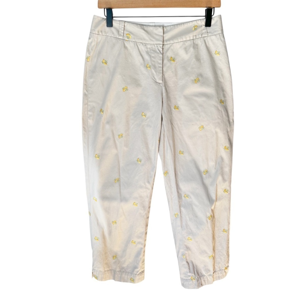 Talbots Heritage Embroidered Lemons Tan Girlfriend Cropped Chino Pants Sz 4